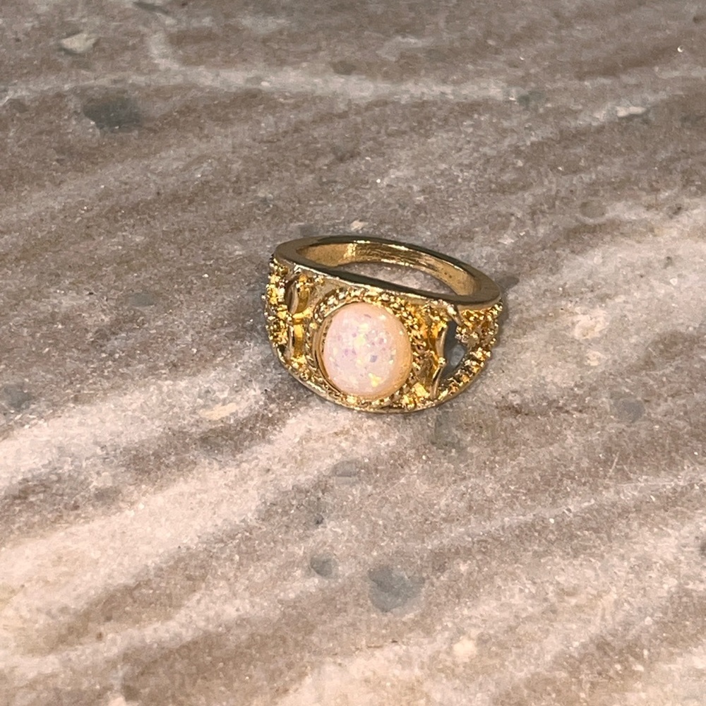 Gold tone and faux pink Opal Ring